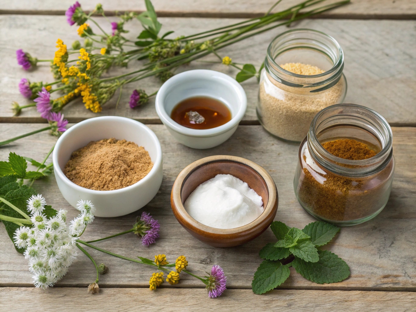 Naturliga sockeralternativ i en vacker uppställning med växter och blommor